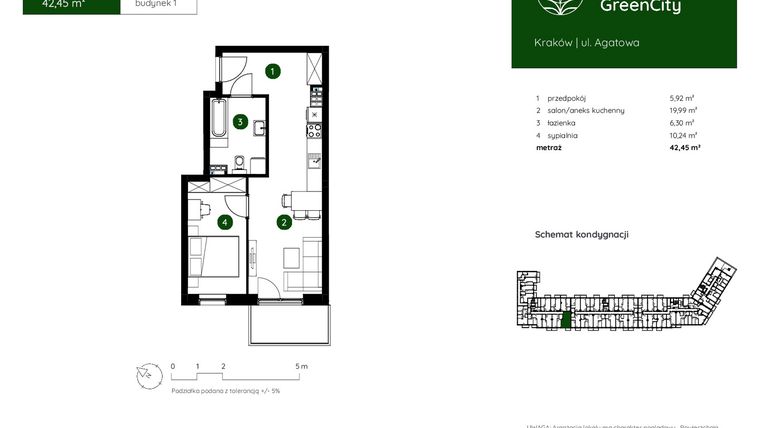 Rzut - Mieszkanie na sprzedaż 2 pokoje o powierzchni 42,45 m² - numer 1.A.2.04 w Murapol GreenCity bud. 1