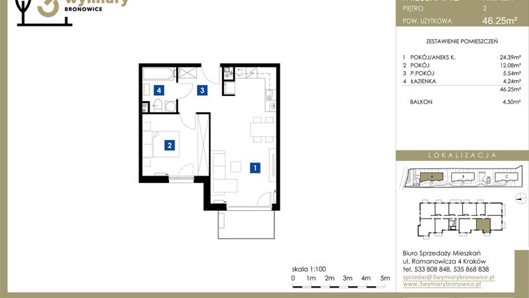 Rzut - Mieszkanie na sprzedaż 2 pokoje o powierzchni 46,25 m² - numer M.A24 w 3 Wymiary Bronowice
