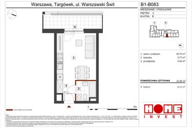 Rzut - Mieszkanie na sprzedaż 1 pokój o powierzchni 25,95 m² - numer B1-B083 w Warszawski Świt etap VIII