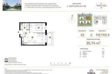 Rzut - Mieszkanie na sprzedaż 2 pokoje o powierzchni 35,74 m² - numer JAR-III-C-LM-M62 w Osiedle JAR Heweliusza etap III