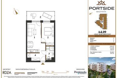 Rzut - Mieszkanie na sprzedaż 2 pokoje o powierzchni 39,48 m² - numer A4.09 w Portside Bałtycka