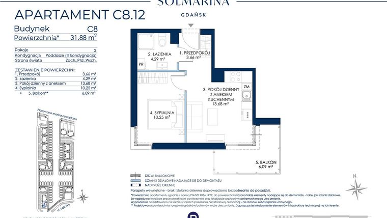 Rzut - Mieszkanie na sprzedaż 2 pokoje o powierzchni 31,88 m² - numer C8.12 w Sol Marina etap III