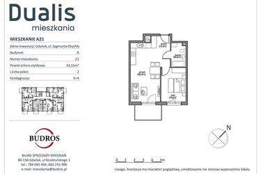 Rzut - Mieszkanie na sprzedaż 2 pokoje o powierzchni 42,55 m² - numer A21 w Dualis