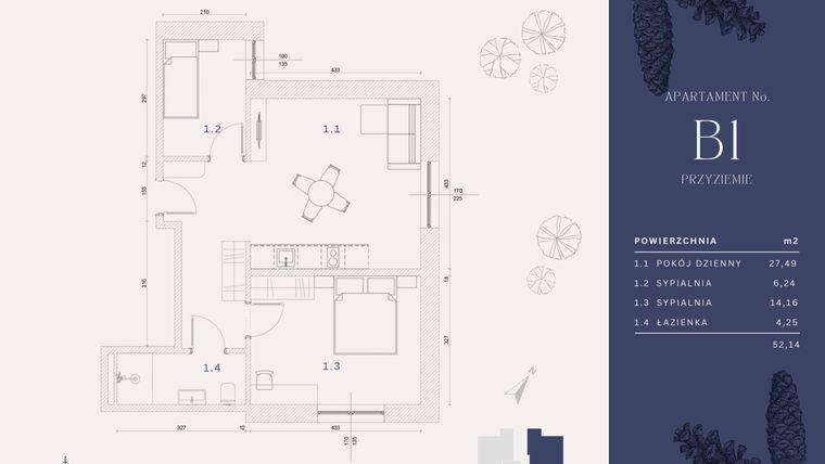 Rzut - Mieszkanie na sprzedaż 4 pokoje o powierzchni 52,14 m² - numer B1 w Rysulówka 70
