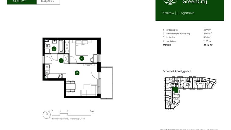 Rzut - Mieszkanie na sprzedaż 2 pokoje o powierzchni 41,4 m² - numer 2.A.1.01 w Murapol GreenCity bud. 2