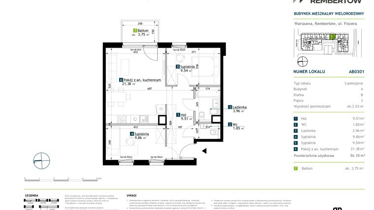 Rzut - Mieszkanie na sprzedaż 3 pokoje o powierzchni 56,1 m² - numer AB0301 w Stacja Rembertów