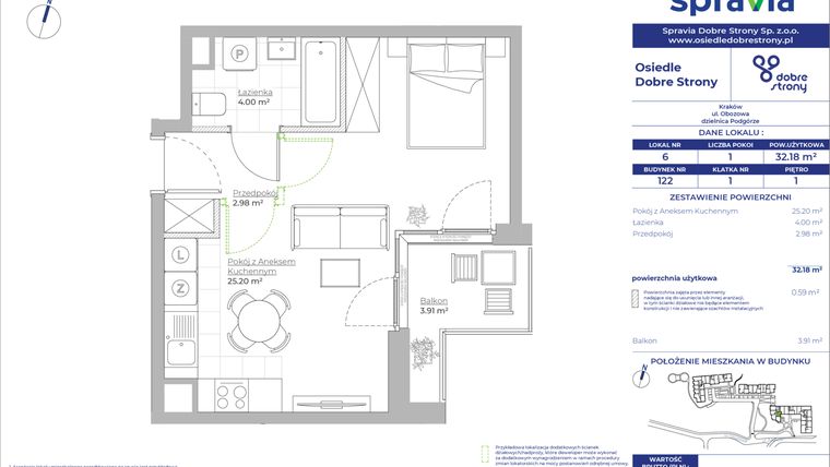 Rzut - Mieszkanie na sprzedaż 1 pokój o powierzchni 32,18 m² - numer 122/6 w Dobre Strony