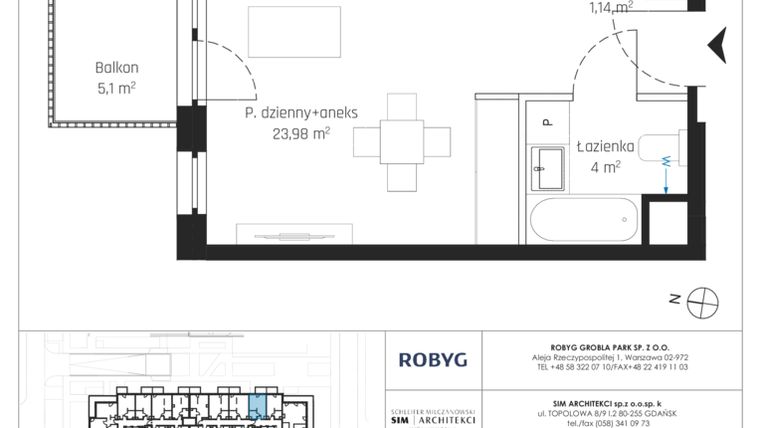 Rzut - Mieszkanie na sprzedaż 1 pokój o powierzchni 29,12 m² - numer J.2M24 w Nadmotławie Apartments etap J