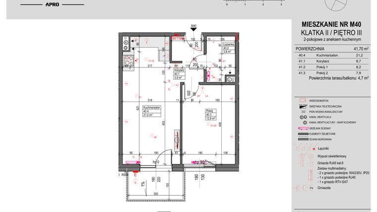Rzut - Mieszkanie na sprzedaż 2 pokoje o powierzchni 41,7 m² - numer 40 w Antczaka 46