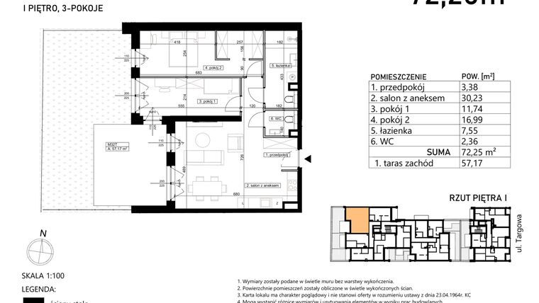 Rzut - Mieszkanie na sprzedaż 3 pokoje o powierzchni 72,25 m² - numer M32 w Finezja