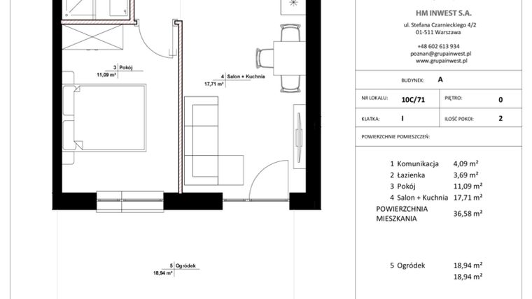 Rzut - Mieszkanie na sprzedaż 2 pokoje o powierzchni 36,58 m² - numer 10C/71 w Jasielska 8C etap II