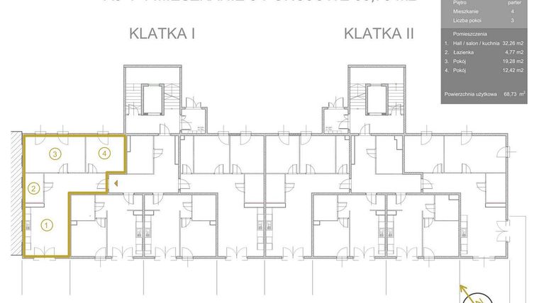 Rzut - Mieszkanie na sprzedaż 3 pokoje o powierzchni 67,91 m² - numer A3-1-4 w Vidok Residence - etap III