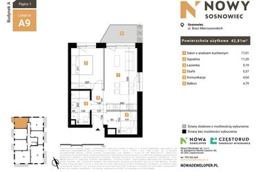 Rzut - Mieszkanie na sprzedaż 2 pokoje o powierzchni 42,81 m² - numer 9 w Nowy Sosnowiec