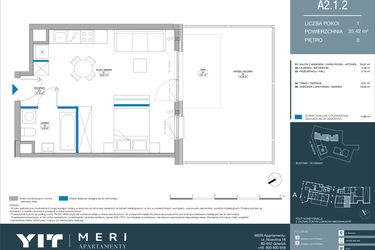 Rzut - Mieszkanie na sprzedaż 1 pokój o powierzchni 35,42 m² - numer A.2.1.2 w Meri Apartamenty