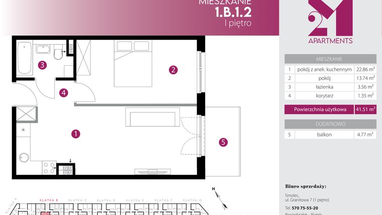 Rzut - Mieszkanie na sprzedaż 2 pokoje o powierzchni 41,51 m² - numer 1.B.1.2 w Maślice Wrocław Milo Dobry Deweloper etap IV