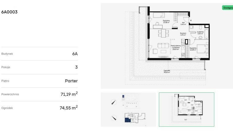 Rzut - Mieszkanie na sprzedaż 3 pokoje o powierzchni 71,19 m² - numer 6A0003 w Jaśminowy Mokotów etap VI