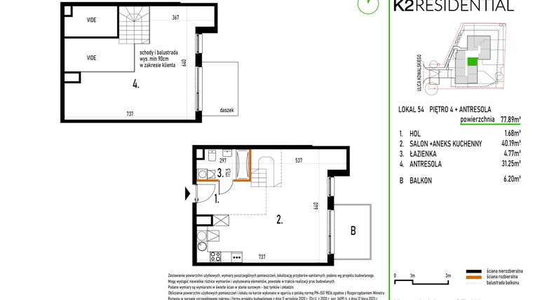 Rzut - Mieszkanie na sprzedaż 1 pokój o powierzchni 77,89 m² - numer 54 w Kowalskiego 37