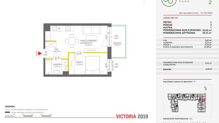 Rzut - Mieszkanie na sprzedaż 2 pokoje o powierzchni 35,05 m² - numer A.141 w Olchowy Park II