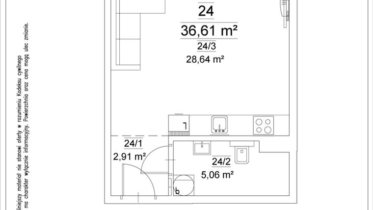 Rzut - Mieszkanie na sprzedaż 1 pokój o powierzchni 36,61 m² - numer 24 w Osiedle Teatralne 19