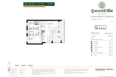 Rzut - Mieszkanie na sprzedaż 3 pokoje o powierzchni 74,17 m² - numer 30.2 w Green Ville