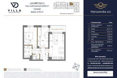 Rzut - Mieszkanie na sprzedaż 3 pokoje o powierzchni 54,98 m² - numer 17A w Warszawska 222