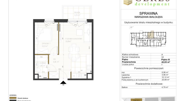 Rzut - Mieszkanie na sprzedaż 2 pokoje o powierzchni 42,03 m² - numer A32 w Osiedle Sprawna