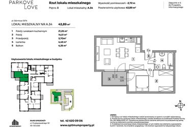 Rzut - Mieszkanie na sprzedaż 2 pokoje o powierzchni 43,89 m² - numer A.34 w Parkove Love
