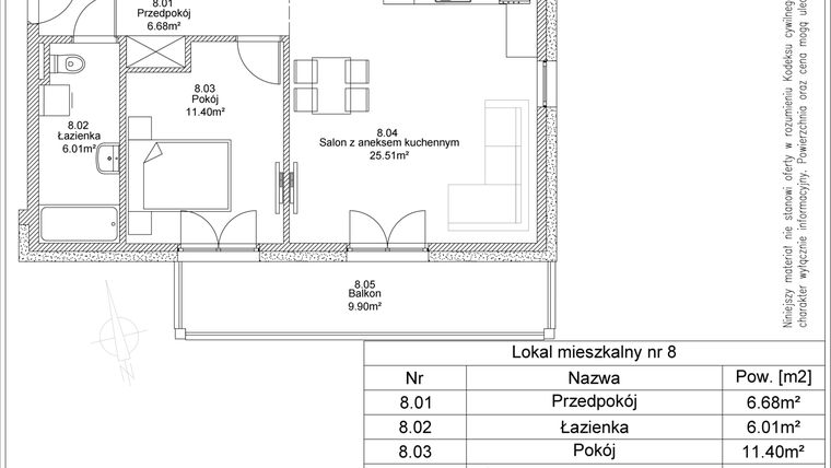 Rzut - Mieszkanie na sprzedaż 2 pokoje o powierzchni 49,6 m² - numer 8 w Apartamenty Jasińskiego