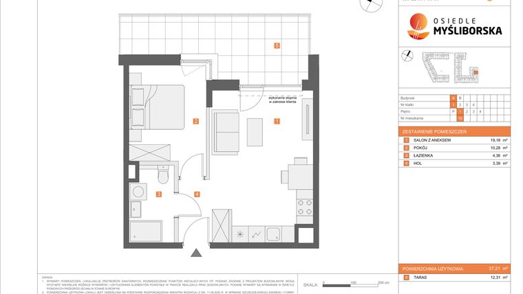 Rzut - Mieszkanie na sprzedaż 2 pokoje o powierzchni 37,21 m² - numer A10 w Osiedle Myśliborska