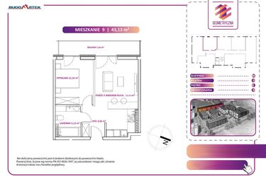 Rzut - Mieszkanie na sprzedaż 2 pokoje o powierzchni 43,13 m² - numer 9B w Geometryczna 5 - etap 3