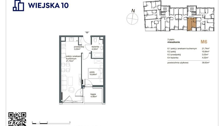 Rzut - Mieszkanie na sprzedaż 2 pokoje o powierzchni 39,63 m² - numer 6 w Wiejska 10