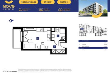 Rzut - Mieszkanie na sprzedaż 1 pokój o powierzchni 27,08 m² - numer M55 w Nove Dobczyce