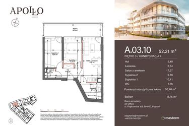 Rzut - Mieszkanie na sprzedaż 3 pokoje o powierzchni 50,46 m² - numer A.3.10 w Apollo Residence