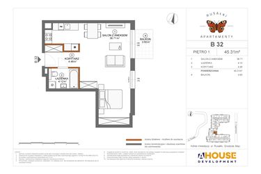 Rzut - Mieszkanie na sprzedaż 1 pokój o powierzchni 45,31 m² - numer B32 w Apartamenty Rusałki