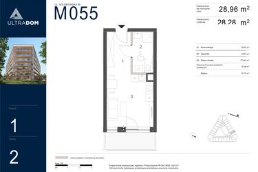 Rzut - Mieszkanie na sprzedaż 1 pokój o powierzchni 28,96 m² - numer M055 w Ultradom