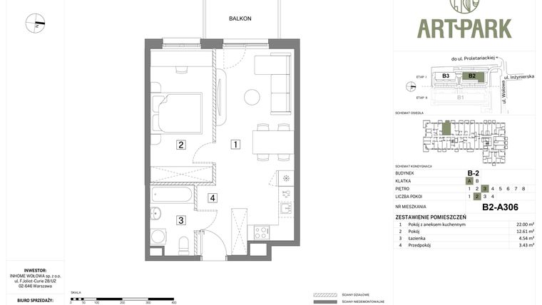 Rzut - Mieszkanie na sprzedaż 2 pokoje o powierzchni 42,58 m² - numer B.2.A306 w Inhome Osiedle ArtPark etap I