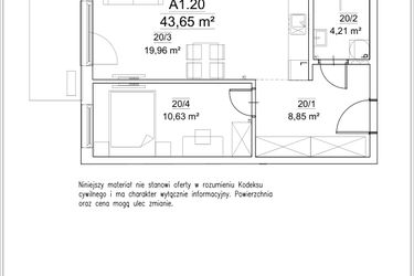 Rzut - Mieszkanie na sprzedaż 2 pokoje o powierzchni 43,65 m² - numer A1.20 w FORTnatura