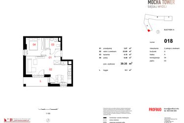 Rzut - Mieszkanie na sprzedaż 2 pokoje o powierzchni 39,35 m² - numer 018 w Osiedle Mocha Tower