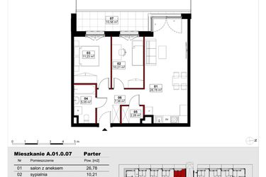 Rzut - Mieszkanie na sprzedaż 3 pokoje o powierzchni 62,92 m² - numer A01.0.07 w Skwer Witosa