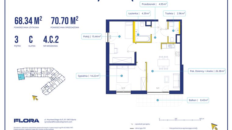Rzut - Mieszkanie na sprzedaż 3 pokoje o powierzchni 70,7 m² - numer 4C2 w Piotra 4