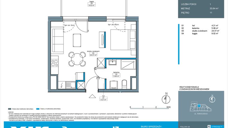 Rzut - Mieszkanie na sprzedaż 1 pokój o powierzchni 33,64 m² - numer A.11.1 w Rakoczego 17