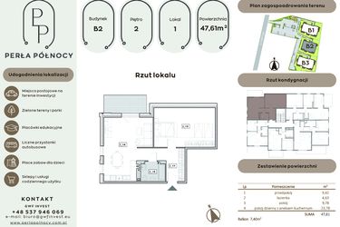 Rzut - Mieszkanie na sprzedaż 2 pokoje o powierzchni 47,61 m² - numer B2.2_1 w Perła Północy etap 2
