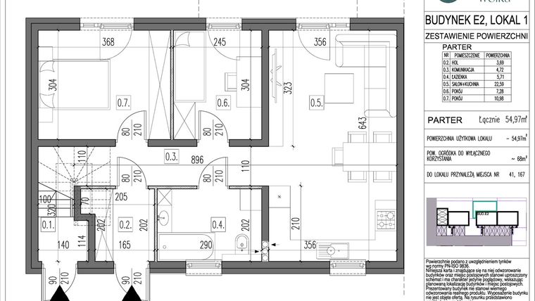 Rzut - Mieszkanie na sprzedaż 3 pokoje o powierzchni 54,97 m² - numer E2.1 w Spokojna Wólka etap V