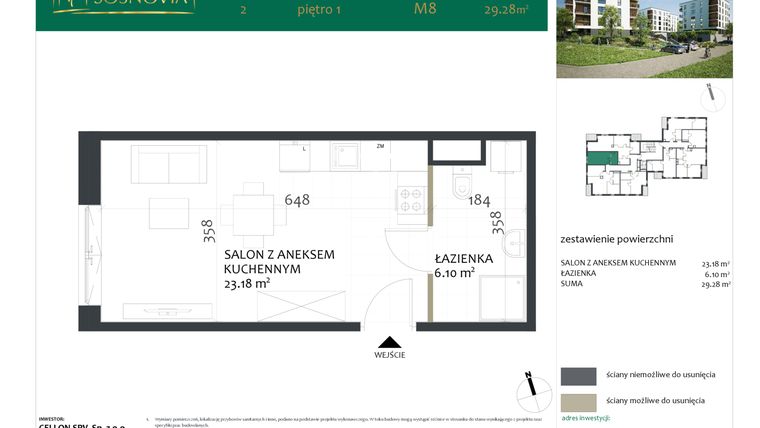 Rzut - Mieszkanie na sprzedaż 1 pokój o powierzchni 29,28 m² - numer 2.M8 w Sosnovia