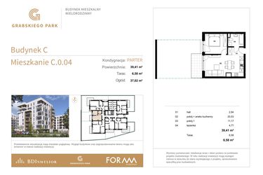 Rzut - Mieszkanie na sprzedaż 2 pokoje o powierzchni 39,41 m² - numer C.0.04 w Grabskiego Park
