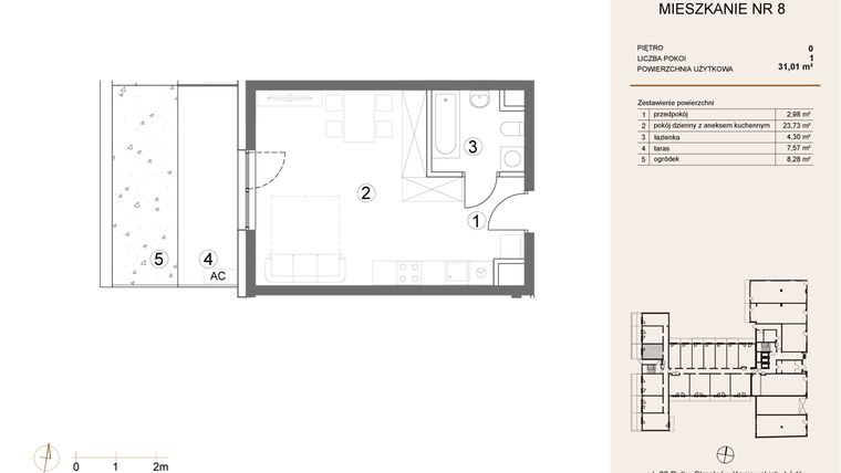 Rzut - Mieszkanie na sprzedaż 1 pokój o powierzchni 31,01 m² - numer 8 w Waterlane Vibe