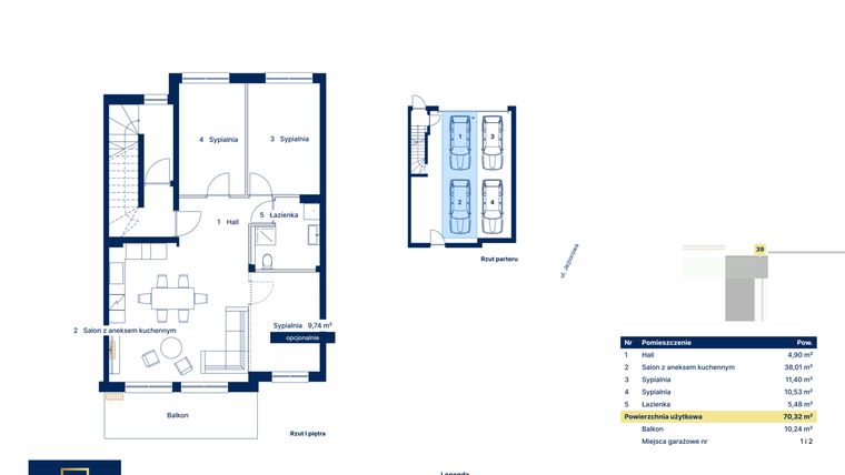 Rzut - Mieszkanie na sprzedaż 4 pokoje o powierzchni 70,32 m² - numer 39 w Nova Jeziorowa 2