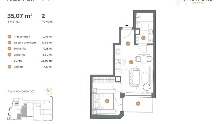 Rzut - Mieszkanie na sprzedaż 2 pokoje o powierzchni 35,07 m² - numer 14 w Witkiewicza Apartments