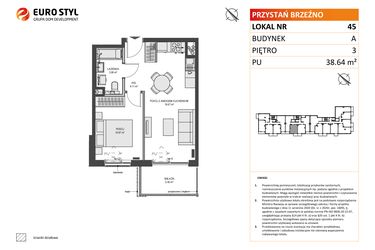 Rzut - Mieszkanie na sprzedaż 2 pokoje o powierzchni 38,64 m² - numer A45 w Przystań Brzeźno