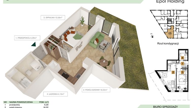 Rzut - Mieszkanie na sprzedaż 2 pokoje o powierzchni 39,54 m² - numer B2.M5 w Tutaj Bunscha